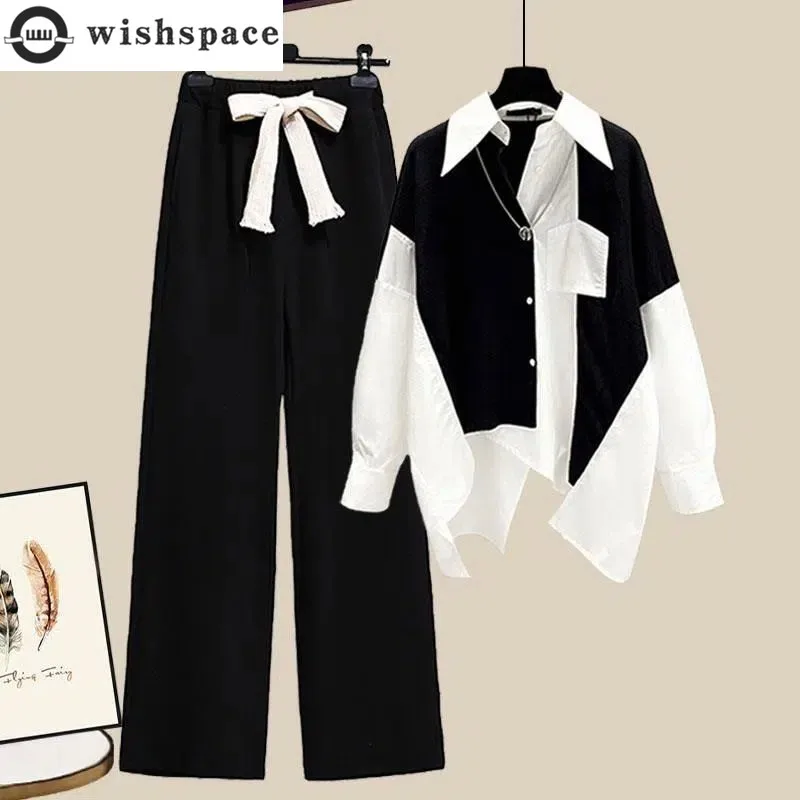 Black and White Patchwork Chiffon Dust Casual Wide Leg Pants Two-piece Set Elegant Women\'s Pants Set Summer Office Outfits