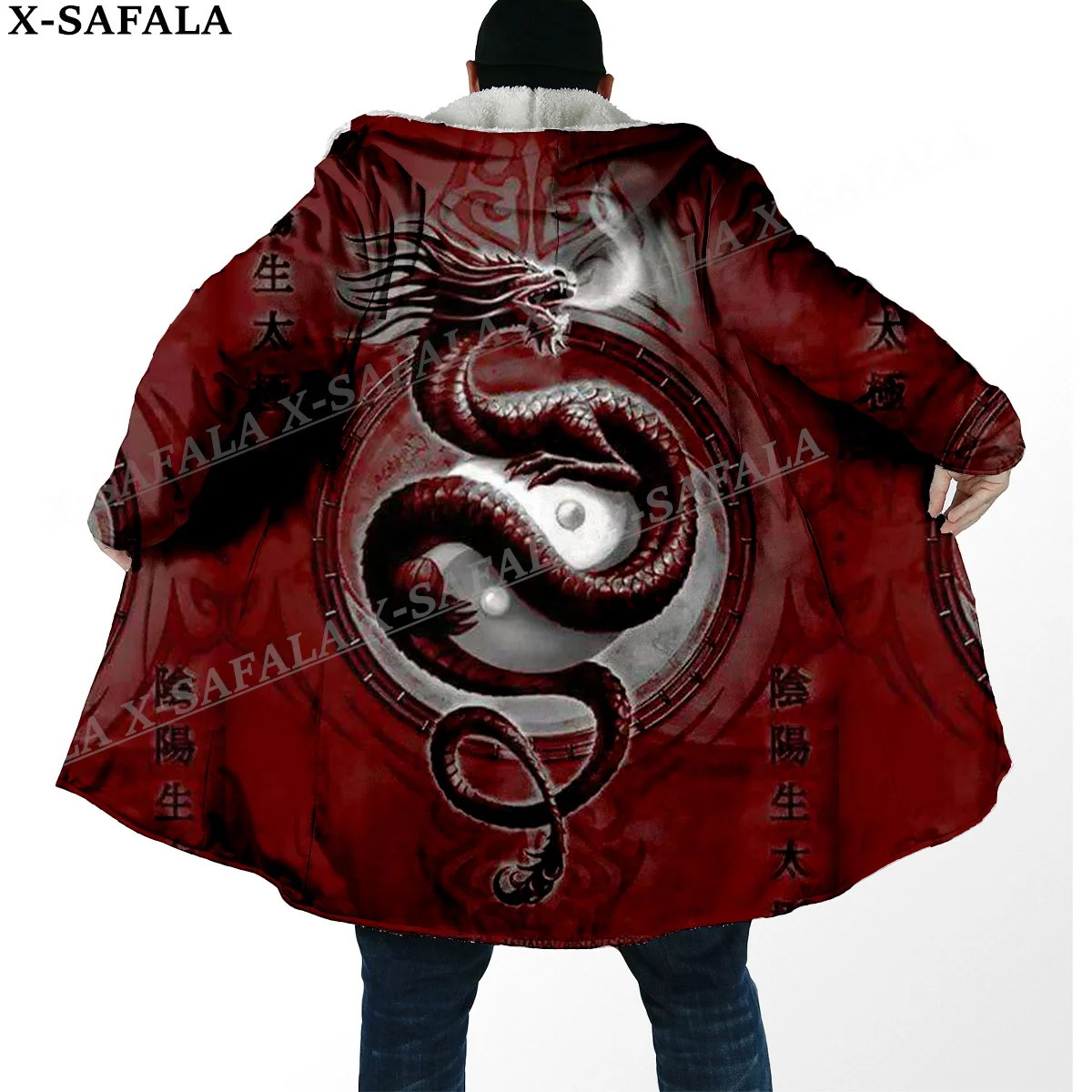 Mythology Dragon Yin And Yang Thick Warm Hooded Cloak Men Overcoat Coat Windproof Fleece Cape Robe Hooded Blanket-9