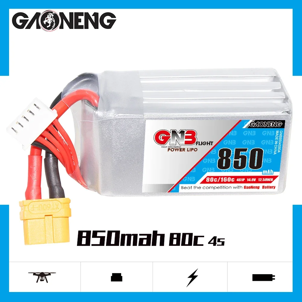 

GAONENG GNB 850mAh 4S 80C 160C 14.8V XT60 LiPo Battery Square Type Cinelog Cinewhoop Spare RC Parts Airplane Racing FPV