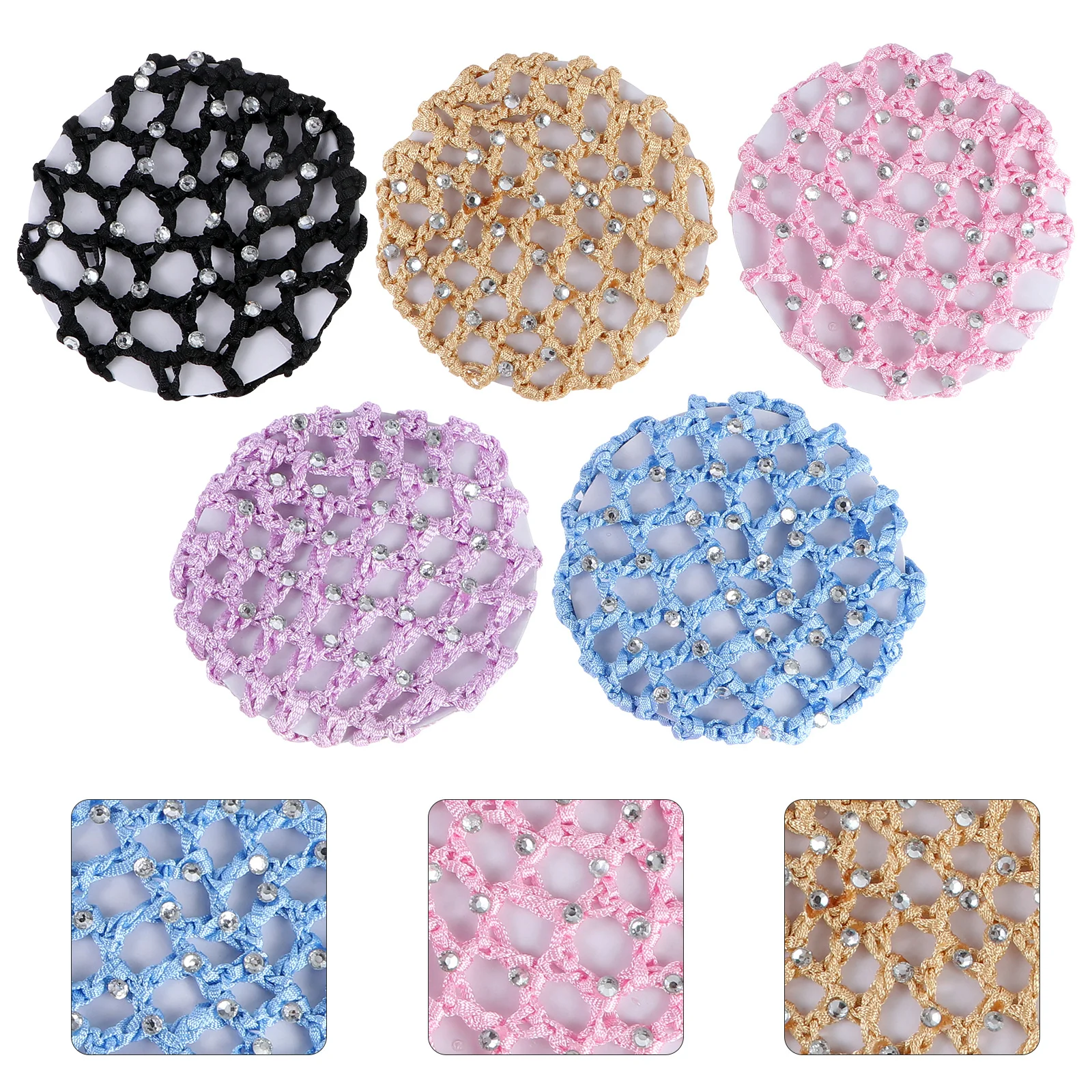 

5Pcs Elastic Hair Snood Durable Pearl Crochet Hair Net for Dance Performance Party Sports Black Maize-Yellow Light Purple Pink