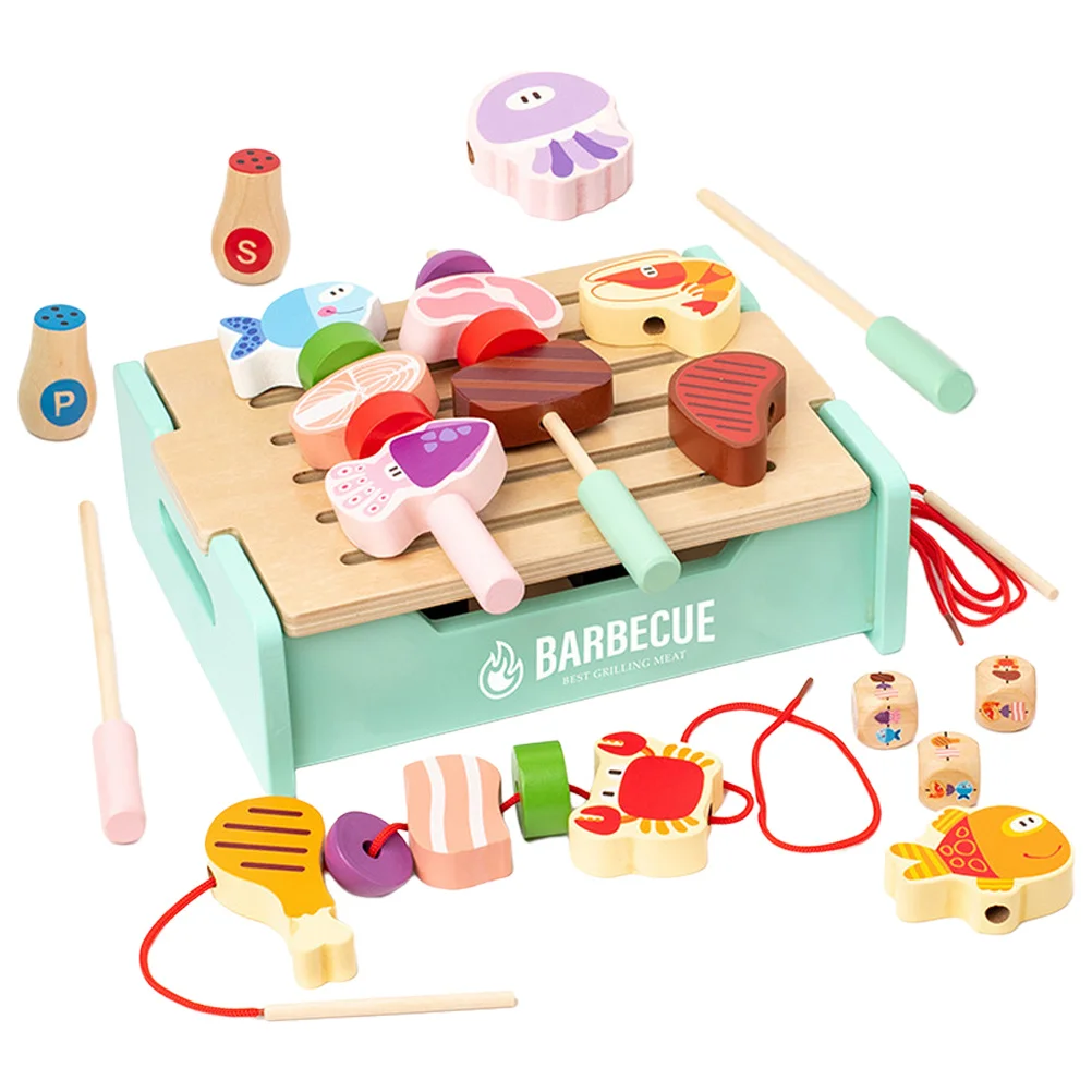 1 set 1 set houten barbecue-grillspeelgoed, gesimuleerde keukenspeelset, kinderen doen alsof kookspeelgoed, voedselbarbecuespeelhuis voor kinderen,