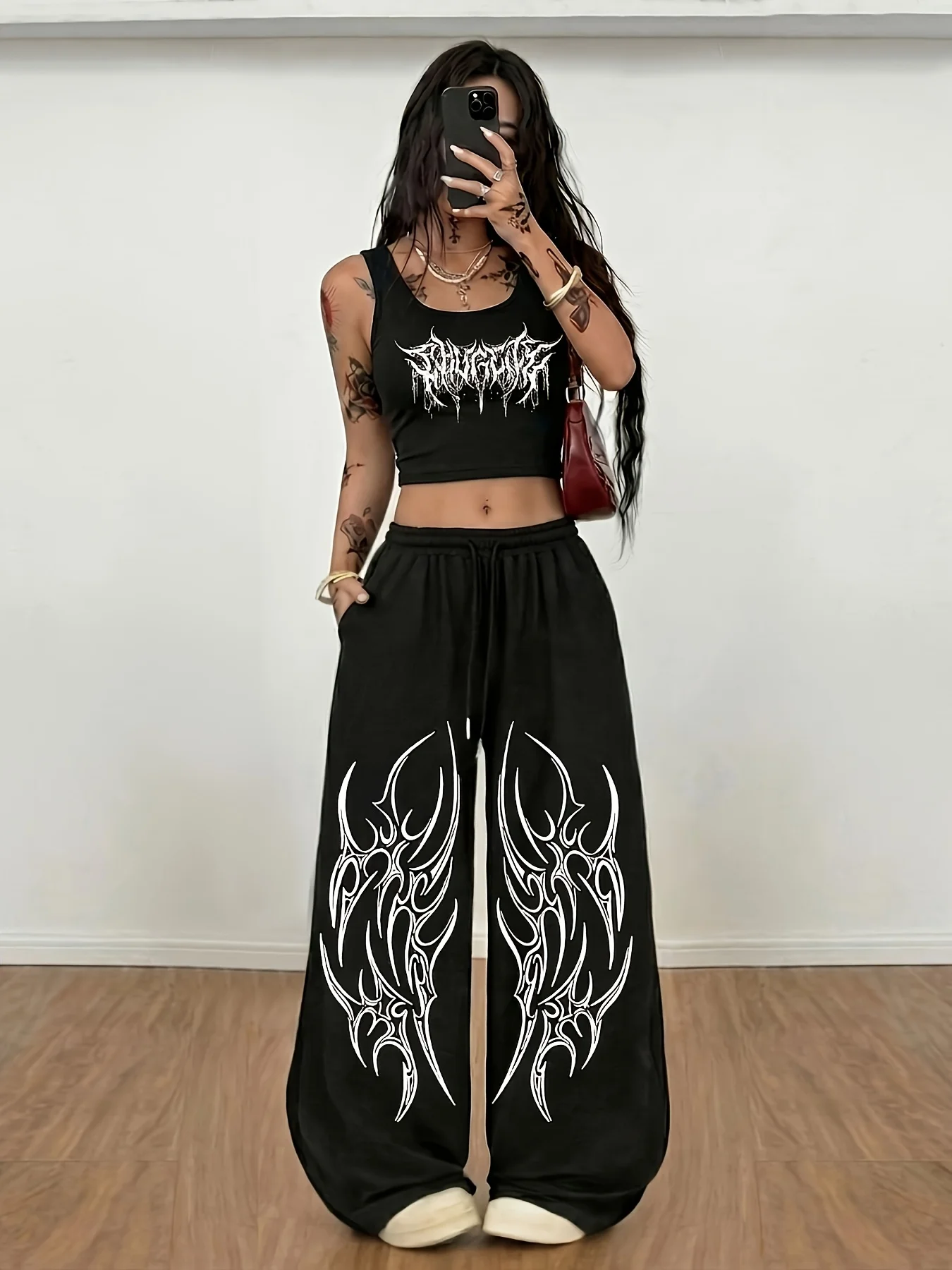 Women's  Thorns Print Fleece Sweatpants for Autumn and Winter Warm Casual Loose Stylish and Versatile Streetwear Trendy