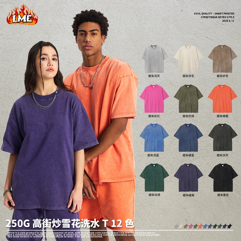 

High Quality Custom Silk Screen Printing Oversized Heavyweight 250GSM Cotton Vintage Acid Washed Batik Unisex Men T Shirt