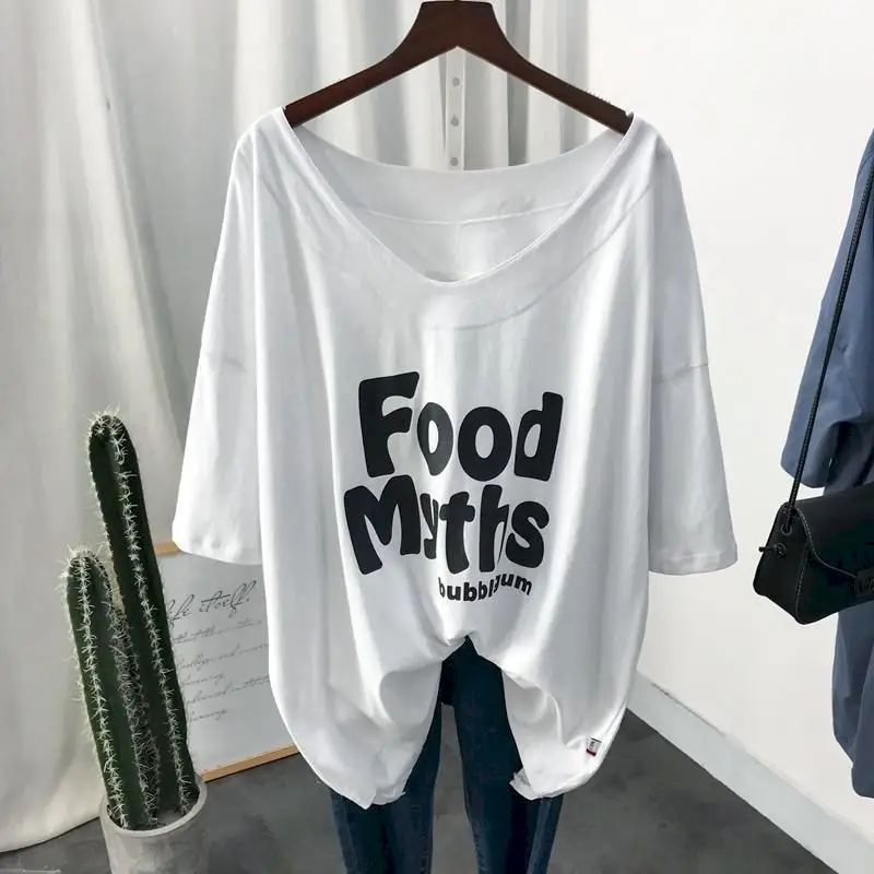 Summer Short-sleeved T-shirt Women Korean Style Fashion Trend Low Neckline Loose Large Size V-neck Collarbone Thin T Shirt Tops