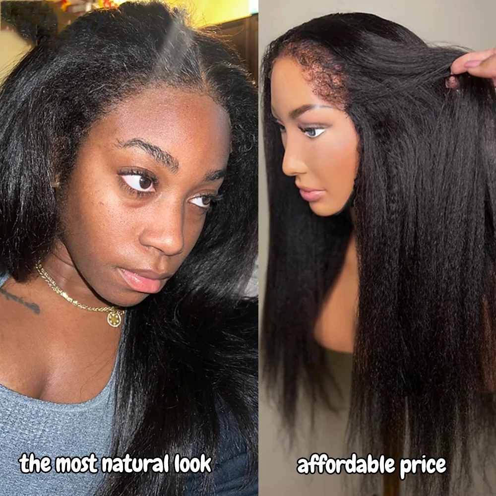 Perruque Yaki Kinky Straight Lace Front Wig pour femme, cheveux de bébé préplumés, sans colle, doux, densité 180, noir naturel, 26 po de long