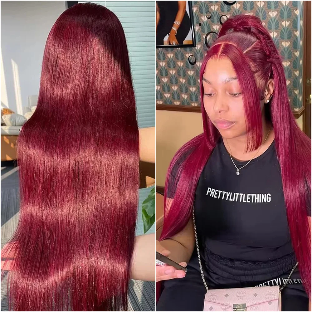 

200% Density Bone Straight 30 40 Inches Lace Front Wig Pre Plucked 99J Red Burgundy Colored 13x6 HD Lace Frontal Human Hair Wigs