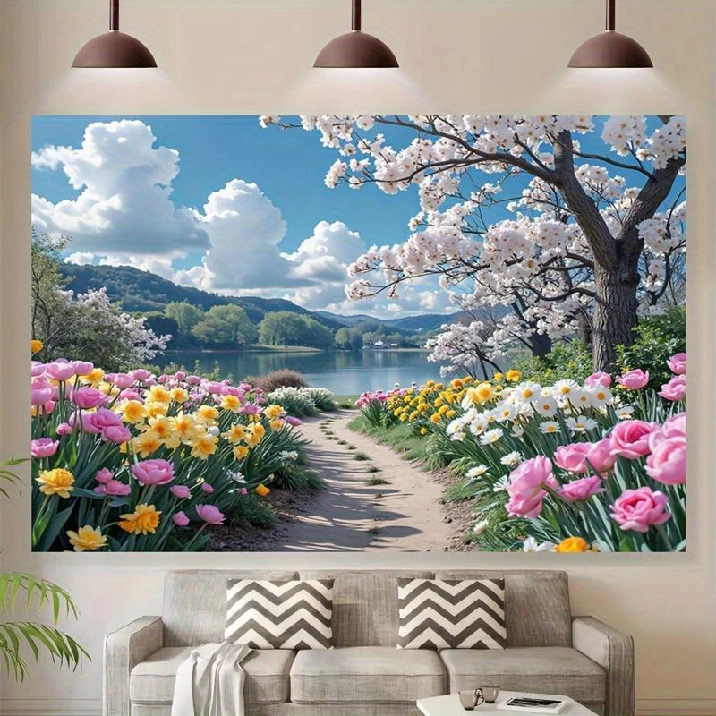 Large Spring Floral Tapestry Wall Hanging Nature Art Print Cherry Blossom Landscape Decor for Living Room Bedroom Wall Mural