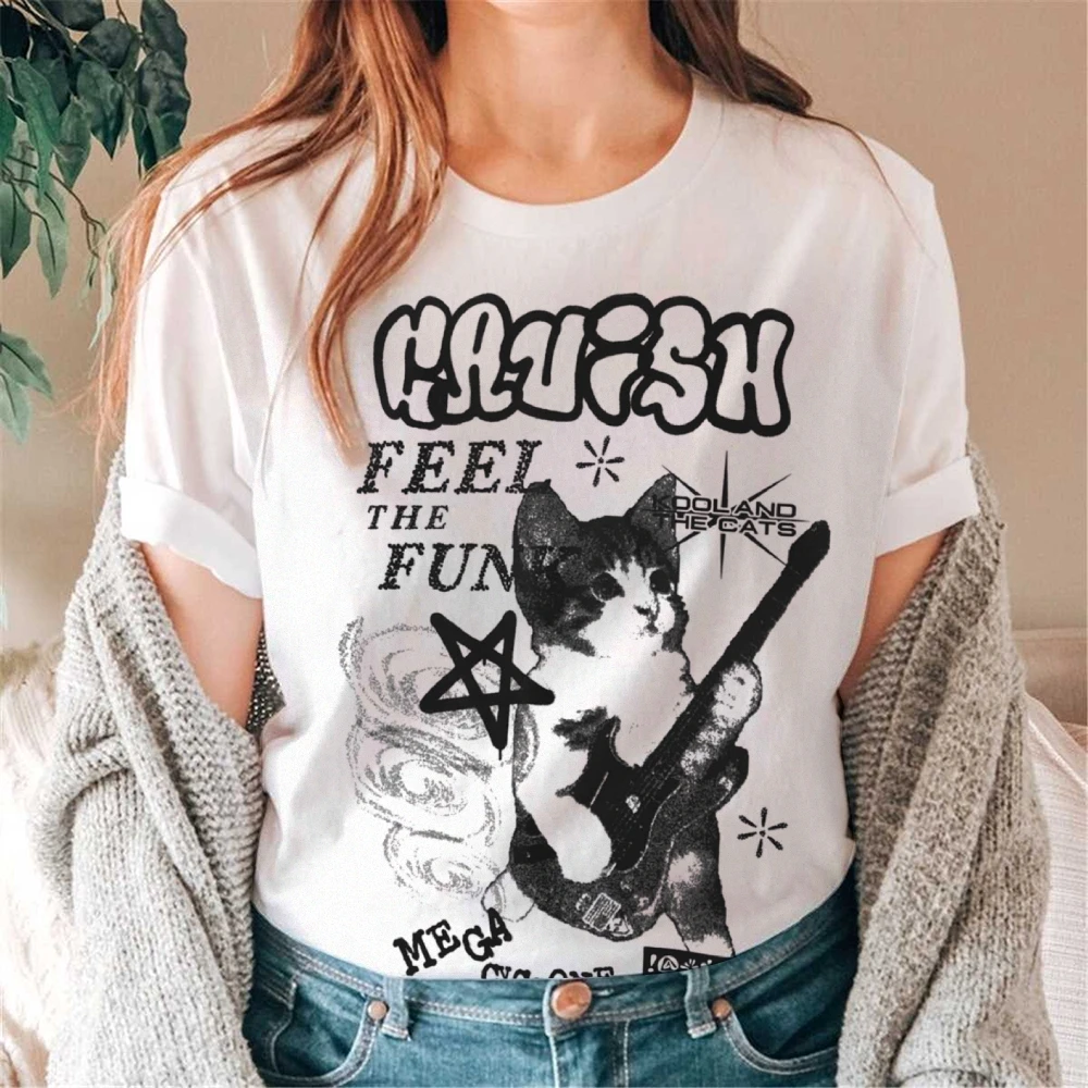 

Graphic Tees Rock Cat Tee 100% Cotton, High - Quality Oversize White Tee. Cat Playing Guitar, Edgy Graphic Style.