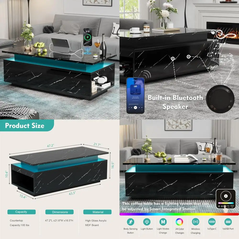 

Contemporary LED Coffee Table with Storage, Black Wireless Charging and Speaker-Equipped Coffee Table, Sleek Modern Center Table