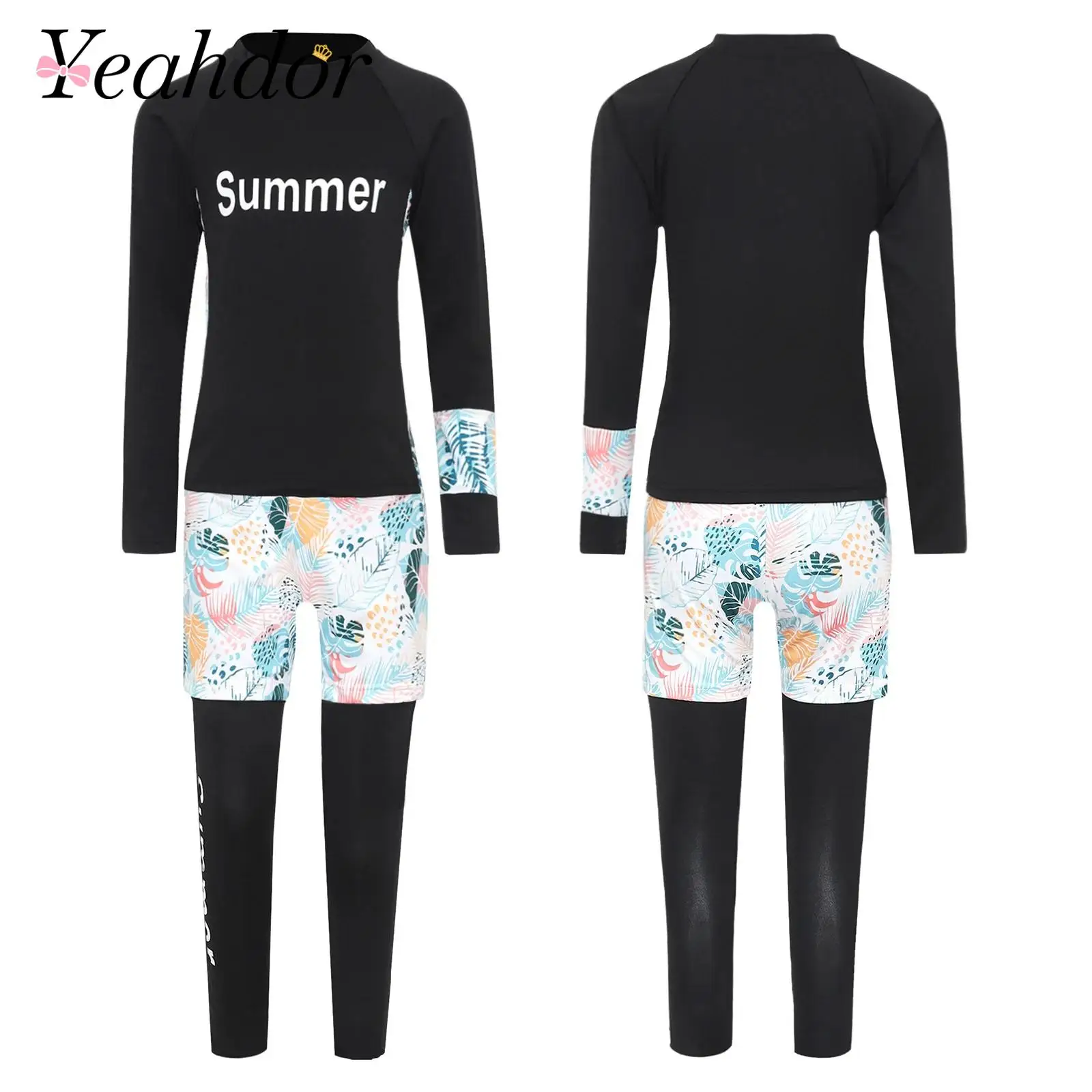 

Tropical Print Beachwear Girl Swimsuit 3Pcs Swimming Suits Kids Rash Guards Top Shorts Pants Long Sleeve Bathing Suit Swimwear