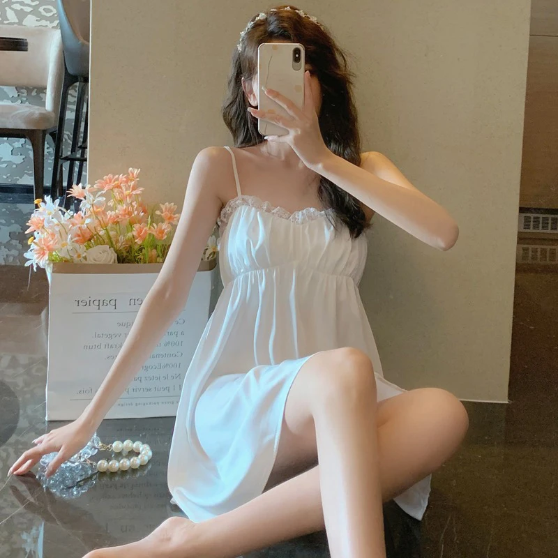 Sweet,, And Desirable, High-End Lace-Trimmed Silk-Like Thin Women'S Mid-Length Summer Nightgown