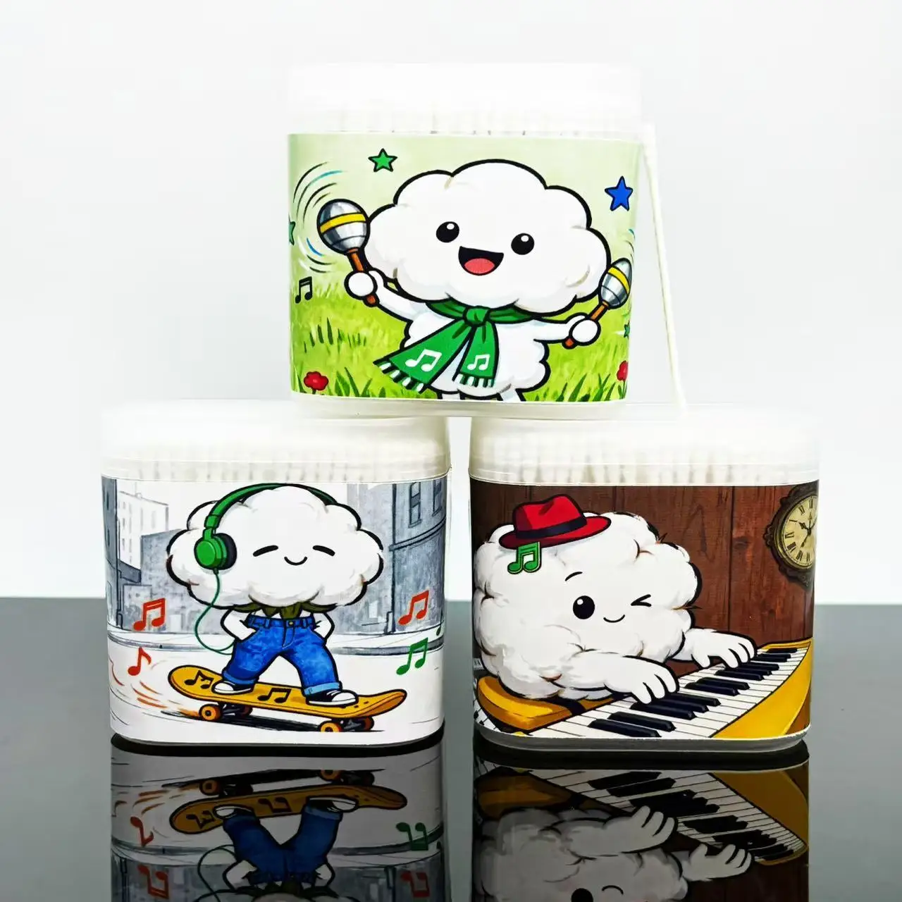 สำลีปลายสองด้านลายดนตรี 400 ชิ้น/800 ชิ้น พร้อมลวดลายโน้ตดนตรี สำลีก้านเกลียวสีขาวแบบสร้างสรรค์