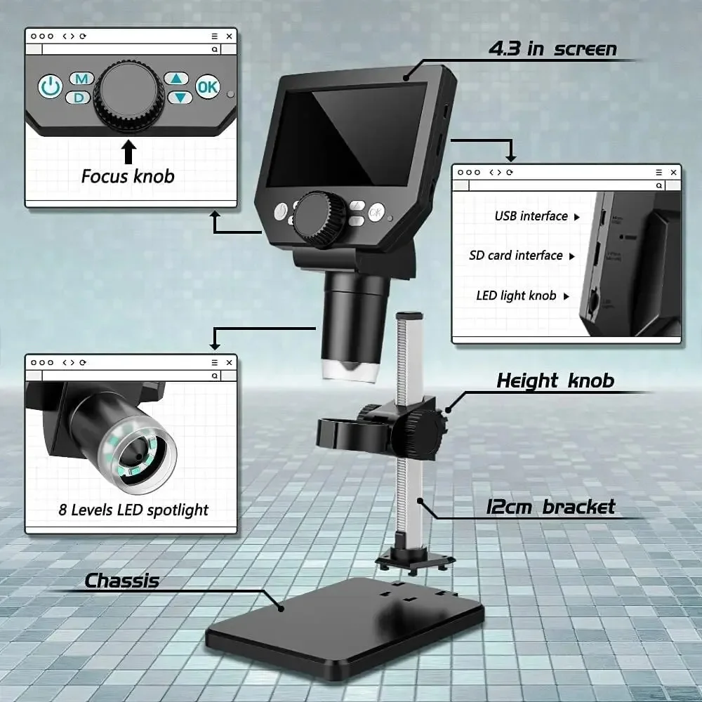 1000X Digital Microscope for Soldering 4.3 Inch Large Base 1-1000X Continuous Magnifier 10 Megapixels HD LCD Display 8MP