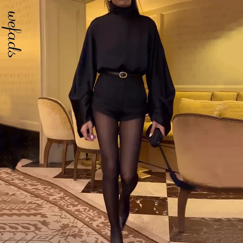 

Wefads Two Piece Set Women Fashion Long Sleeve Solid High Collar Loose Top Mini Super Short Pants Sets Without Belt Streetwear