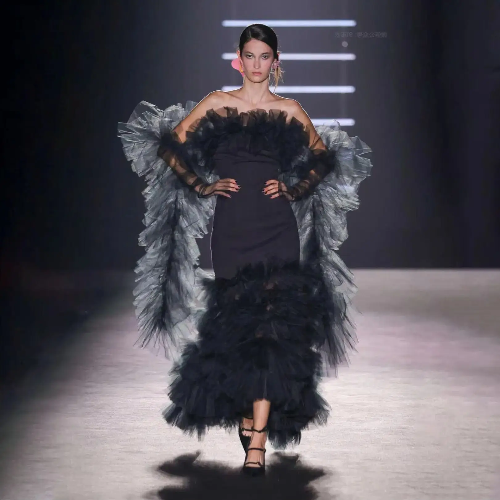 Couture preto sereia vestido formal com xale artesanal longo vestido de baile em camadas plissado maxi vestido feminino tule