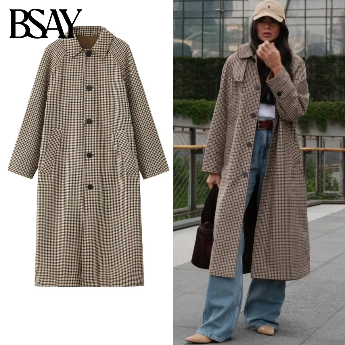 

BSAY двусторонний плащ женский модный осенне-зимний клетчатый однобортный ветровка с длинными рукавами шикарные женские топы