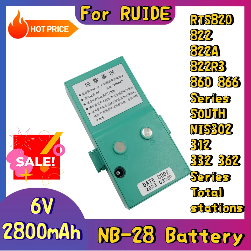 

6V 2800mAh NB-28 Battery for RUIDE RTS820 822 822A 822R3 860 866 Series SOUTH NTS302 312 332 362 Series Total Stations