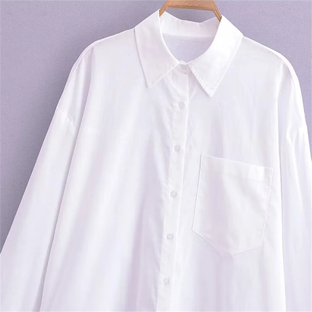 2024ZAR * Spring/Summer New Women\'s Pocket Decoration White Loose Slimming Basic Long sleeved Pure Linen Shirt