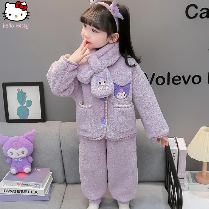 

Пижамный комплект Kawaii Girl Melody с героями мультфильмов Sanrio, детская осенне-зимняя одежда в стиле аниме Kuromi, модная милая толстая теплая домашняя одежда