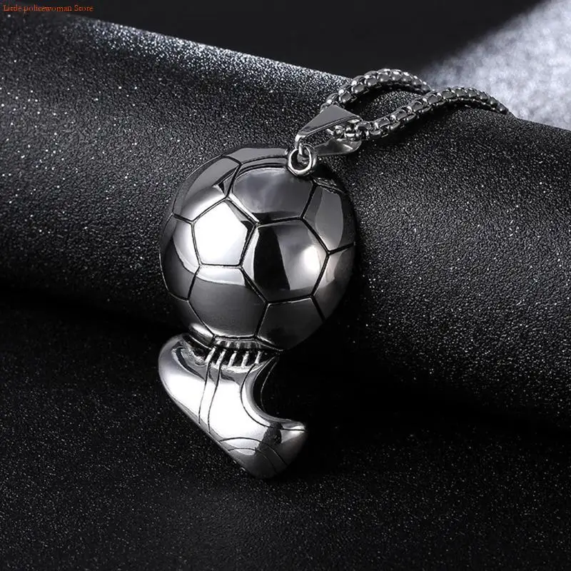 F92D Football Soccer Pendant Necklace Stainless Steel Chain Hip Hop Sports Jewelry