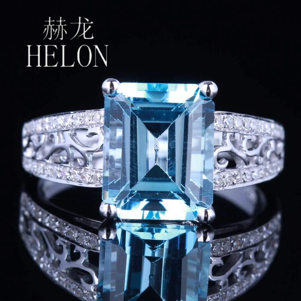 HELON Solid 14K White Gold Emerald Cut Genuine Sky Blue Topaz Diamond Engagement Ring Women Wedding Band Anniversary Bridal Gift