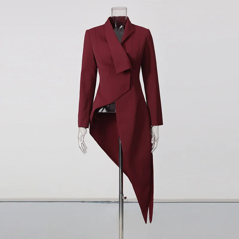 ZAMOR HIGH QUALITY British Style Long Blazer 2026 Autumn New Irregular V Neck Long Sleeve Single Breasted Suit Jacket Women