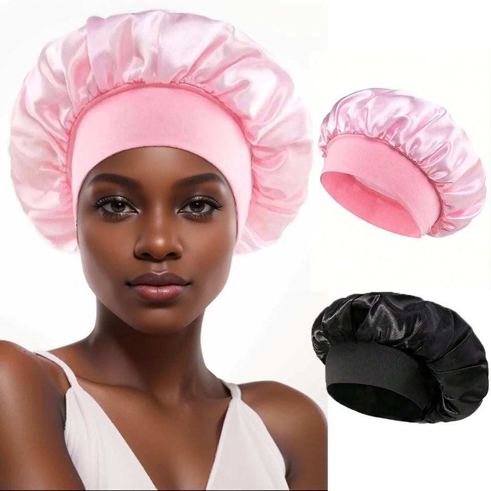 Silk Bonnet For Sleeping, Satin Hair Bonnets, Soft Elastic Band Silk Sleep Cap, Unisex Silk Hair Wrap For Curly Hair (Black , Pi