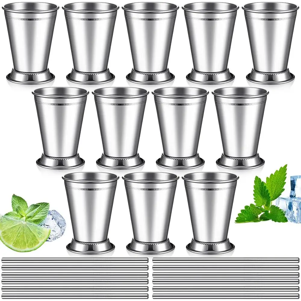 

12 Pack Mint Cups with Sts 12 oz StainlSteel Drinking Metal Cocktail Glasses Beaded Mint Cup or He Racing Derby Party Supplies (