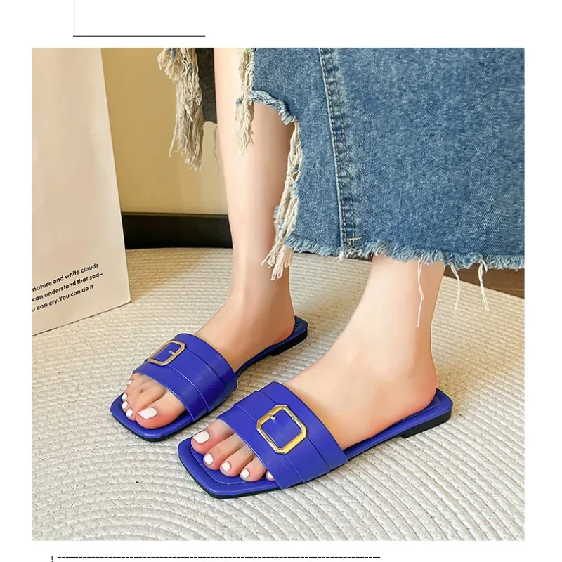 New Summer Open Toe Luxury Designer Women\'s Slippers Large 42 Platform Casual Belt Buckle Women\'s Flat Shoes Outdoor Beach Shoes