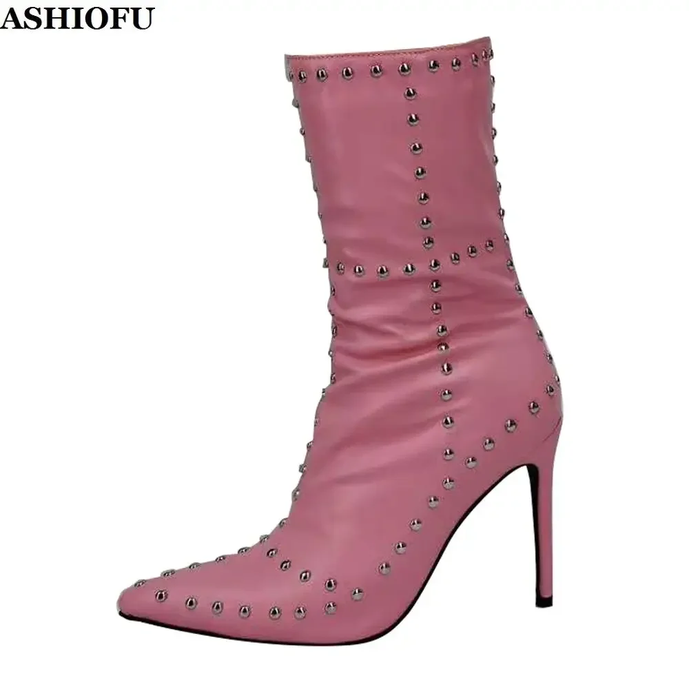 ASHIOFU New Handmade Ladies Boots Rivets Spikes Real Photos Ankle Booties Pointed-toe Evening Party Prom Evening Pink Short Boot