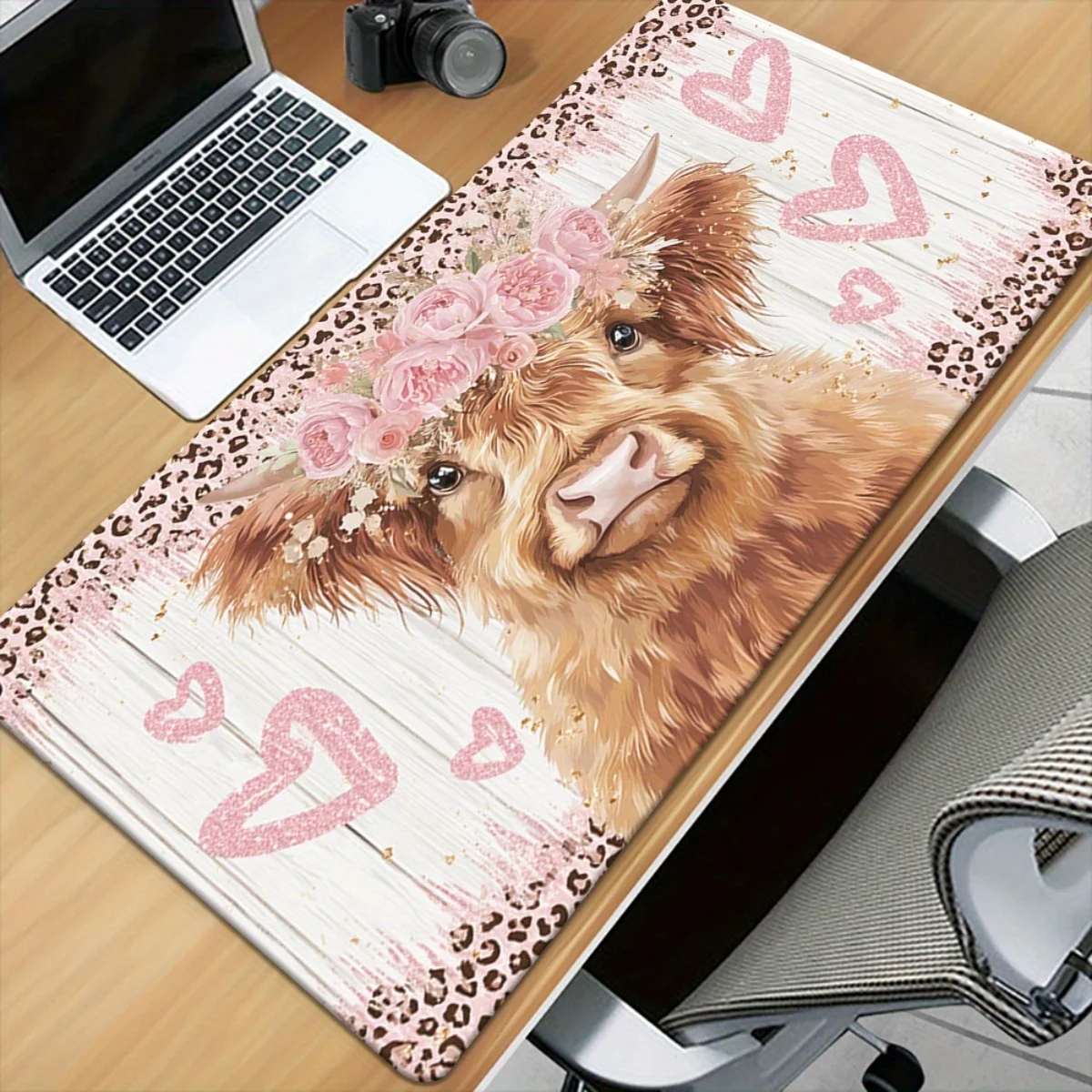 Highland Cow Desk Mat Pink Flowers Hearts XXL Mouse Pad Non-Slip Rubber Base for Office Gaming