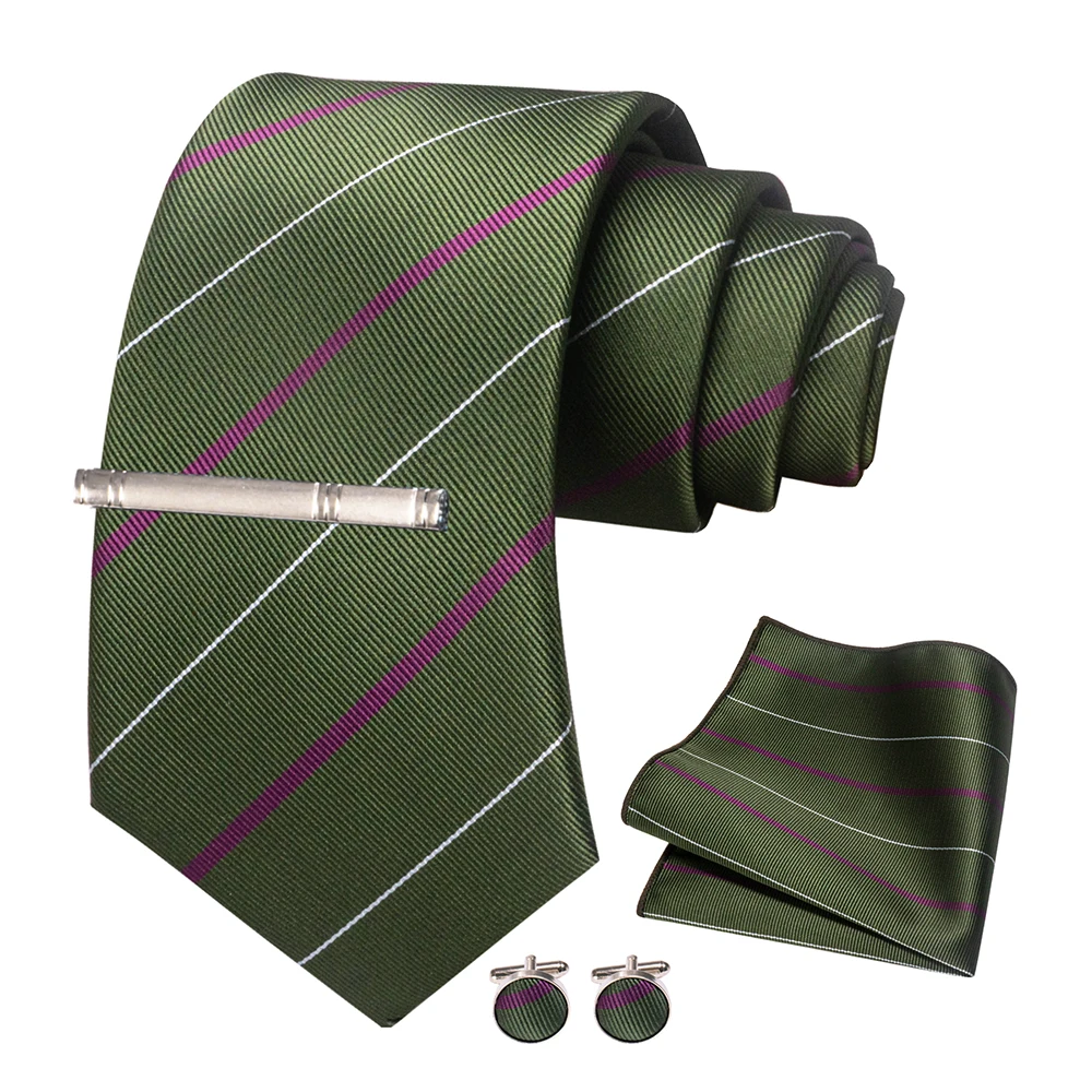JEMYGINS Herren-Krawatte, grün, gestreift, Paisley-Krawatte für Hochzeiten, für Herren, Krawatte, Einstecktuch, Manschettenknöpfe, Set, Party, Business, Modedesigner – Detail 19