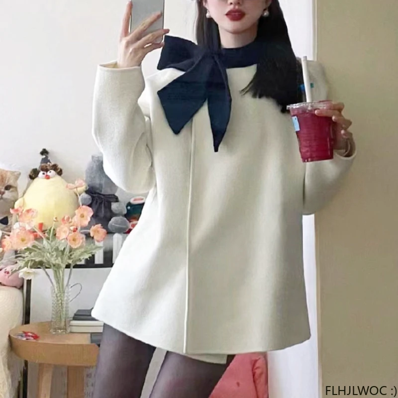 Ładny długi płaszcz odzież wierzchnia Retro Vintage elegancki, szykowny Korea w stylu japonia dziewczęce wełniane mieszanki kokarda płaszcze 2024