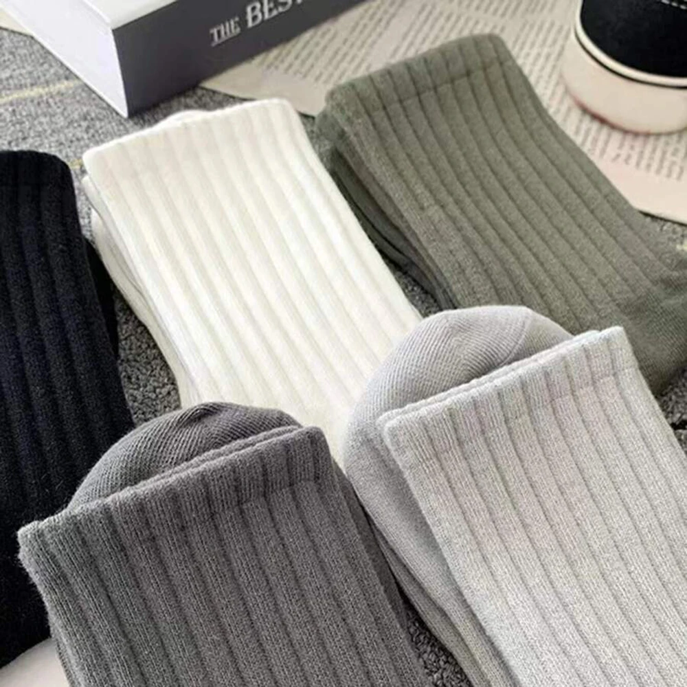 5 Pairs Men Solid Color Vertical Stripe Mid Tube Socks Trendy Versatile Round Neck Sock Breathable Sweat Absorbing Casual Socks