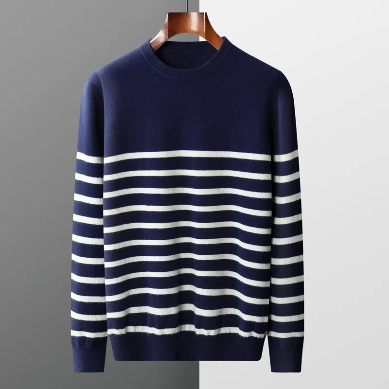 

Autumn And Winter New 100 Wool Sweater Men's Long-Sleeved Knitted Bottom Shirt Striped Contrast Round Neck With Short Casual Top