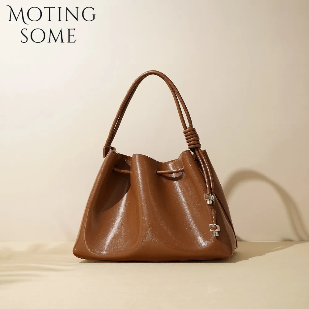 

Motingsome 2024 New Leather Bags for Women Luxury Cowhide Leather Lady Bucket Chic Pleated Style Lady Daily Purse Handbag Pouch