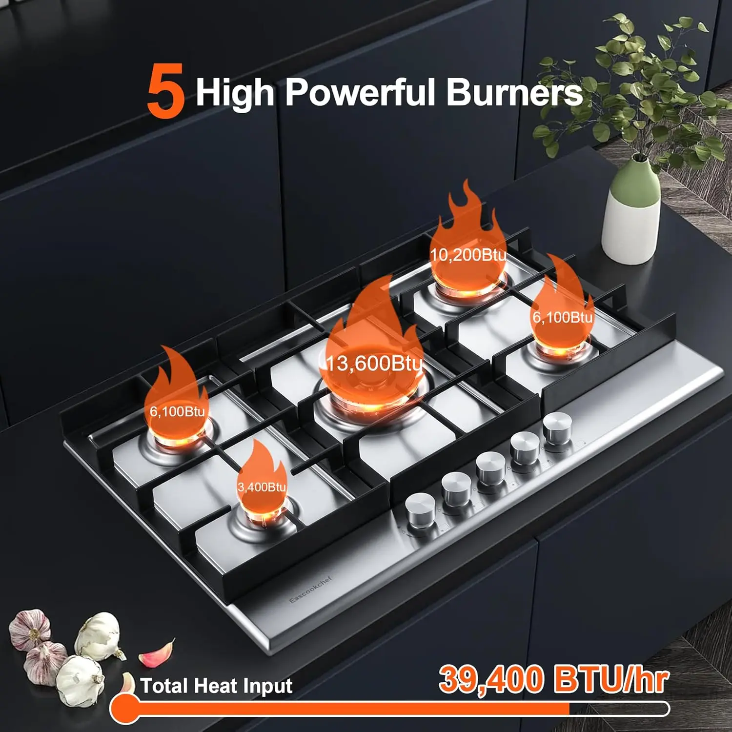 Gas Stove Top with 5 High Efficiency Burners, Bulit-in Stainless Steel Gas Hob for Kitchen, NG/LPG Convertible Gas Stovetop, The