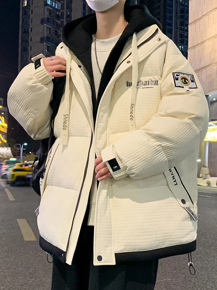 

Men's Thiened Hooded Cotton Jaet Fake Two-Piece Warmth Cold Resistance Casual Winter Outerwear Youth Faion Zipper Closure