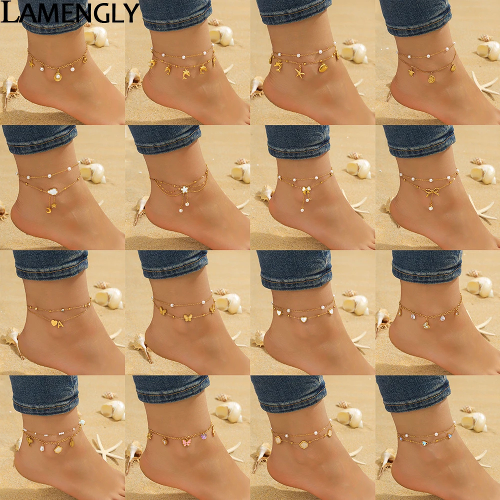 LAMENGLY 316L Stainless Romantic Ocean Style Dolphin Starfish Shell Flower Bowknot Heart Anklet Women Glamorous Foot Chain Gifts