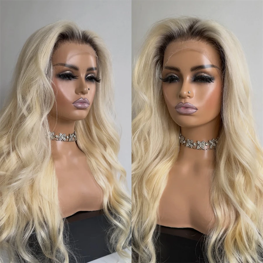 Free Part Ombre Creamy Golden Blonde Synthetic HD Lace Front Wig with Dark Roots Heat Resistant Fiber Wigs Preplucked Hairline