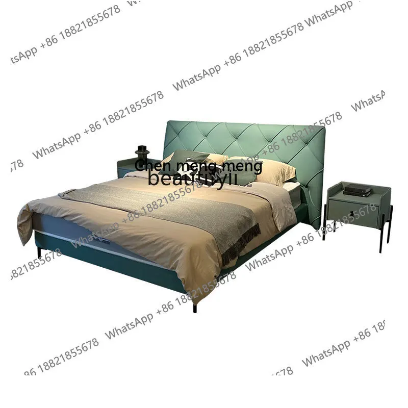 Leather Bed Double Marriage  Master Bedroom Small Apartment Simple Italian Imported First Layer Cowhide Villa Designer Model
