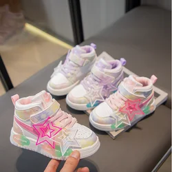 Girls Sneakers with Stars Color Matching Non-slip Fashion Children Princess High-top Sport Shoes Kids Casual Running Shoes