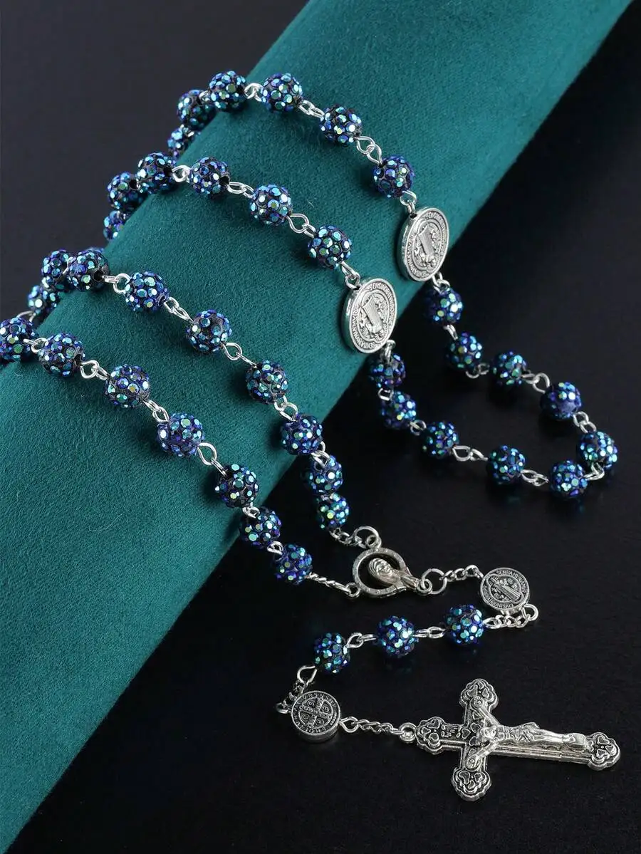 

Vintage Catholic Prayer Rosary Necklace With Blue Crystal Beads And Cross Pendant
