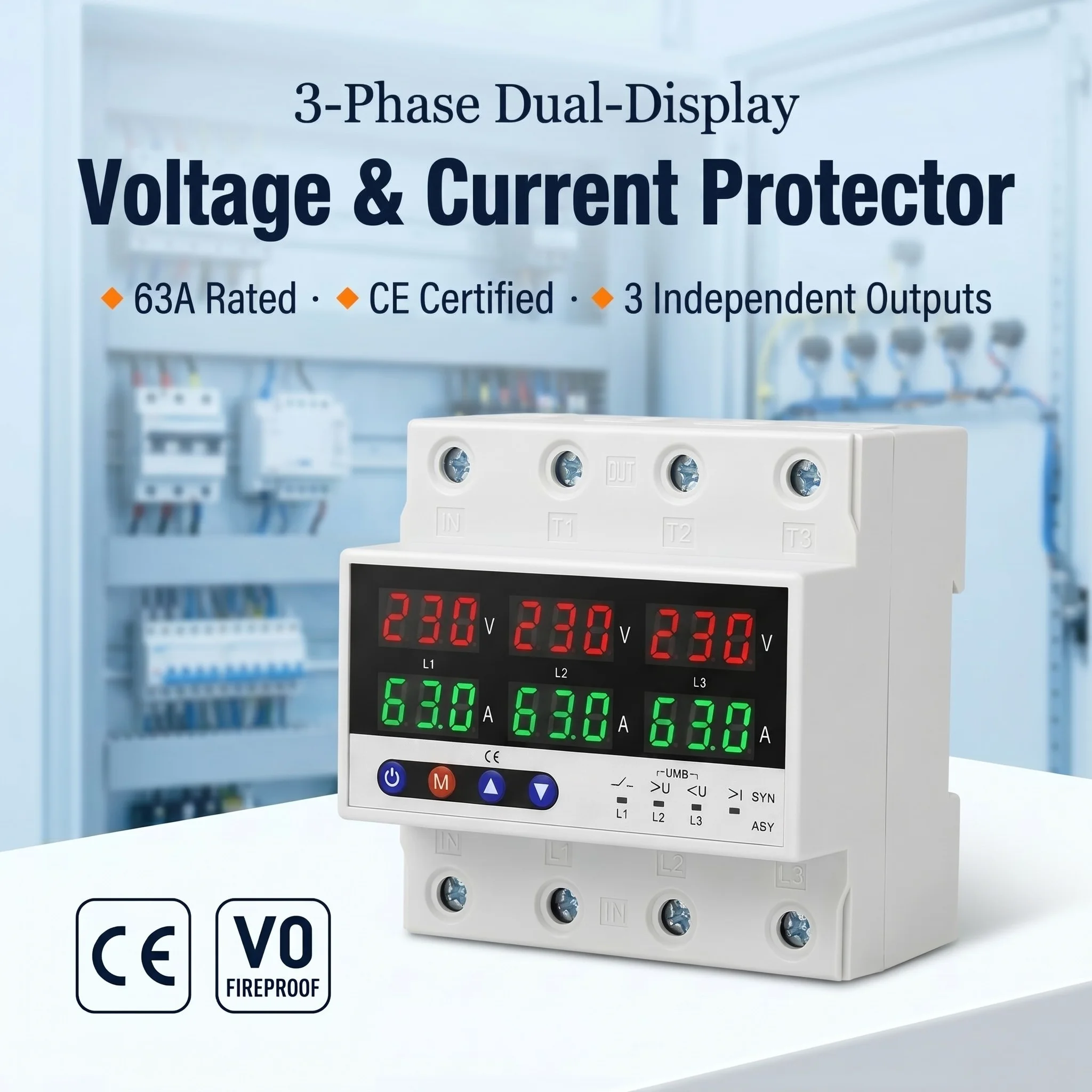 Smart 3 Phase Power Protector LED Display Real-Time Monitoring Adjustable Voltage Protector CE Certified