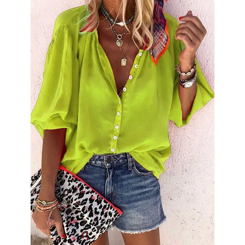 Loose Solid Color Long-sleeved V-neck Loose Button Ladies Shirt Summer Women\'s Blouse Explosion Models New Women Femme Blusas