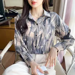 Turn-down Collar Women's Clothing Button Lantern Long Sleeve Tie Dye Printing Cardigan Shirt Casual Elegant Spring Autumn Tops