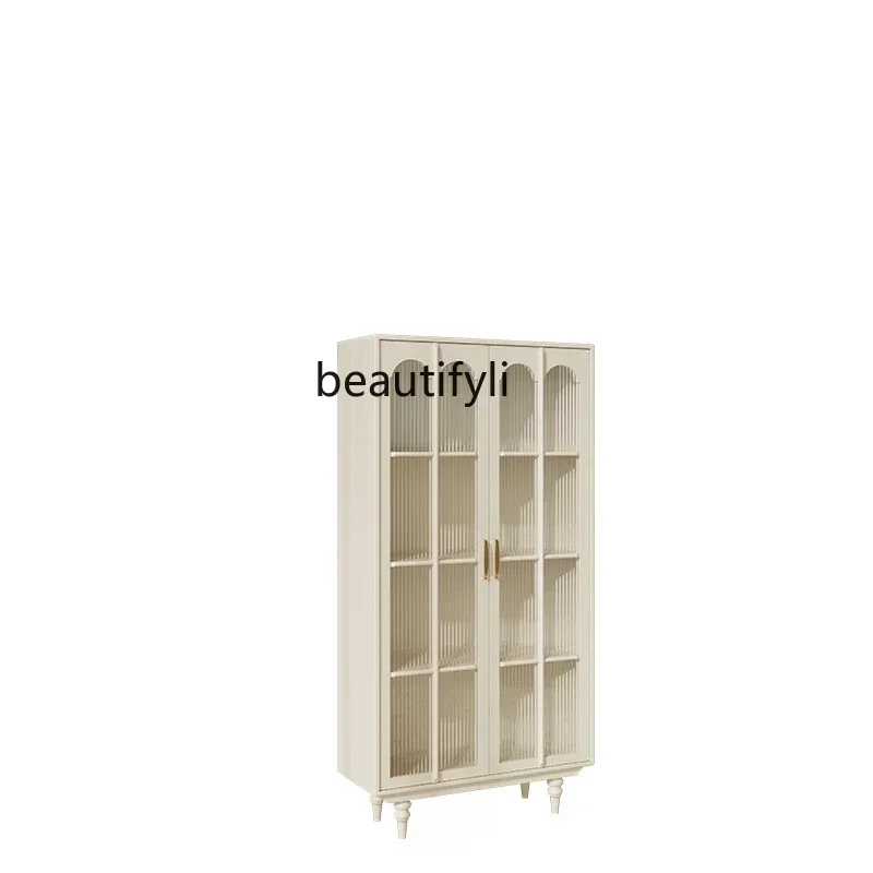 

x11White Cream Style Solid Wood Bookcase Home French Style Storage Cabinet with Glass Door American Integrated Wall Display Cabi