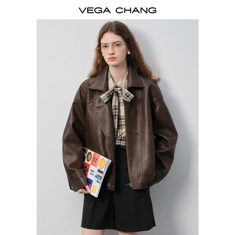 

Vega Chang Artificial Leather Women's New Autumn and Winter Retro Lapel Design Jacket