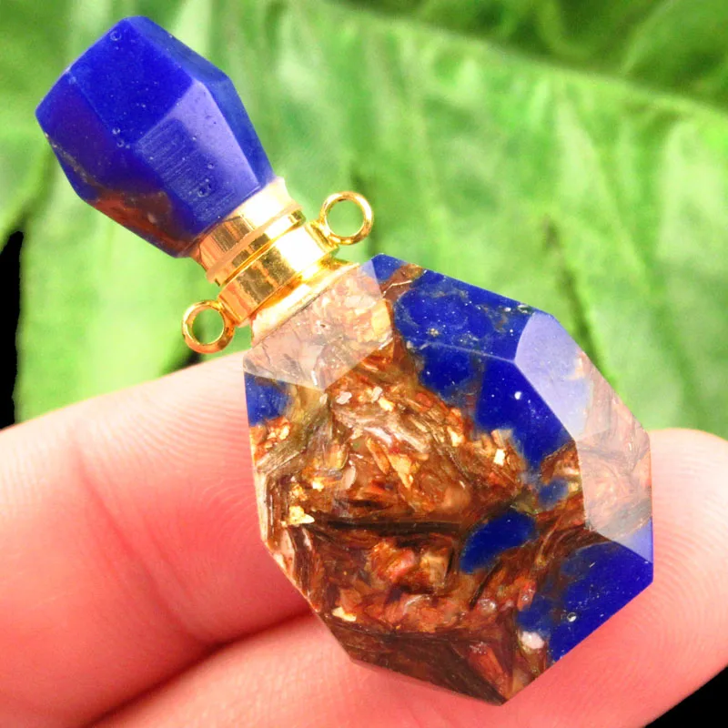 Lapis Lazuli Gold Copper Bornite Stone Charm Essential Oil Diffuser Bottle Pendant Birthstone Jewelry High End