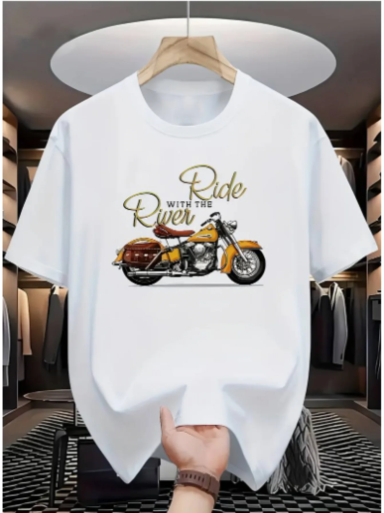 [Retro locomotive model] "Ride with the Rider" locomotive printed T-shirt, loose version is skin-friendly and comfortable, suitable for daily and locomotive theme scenes, retro design shows cultural atmosphere, machine washable and easy to take care of, view 3